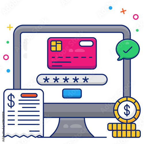     Card inside monitor with password, icon of secure card payment 

