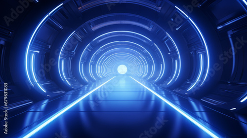 Empty indigo futuristic tunnel. Technology Design.