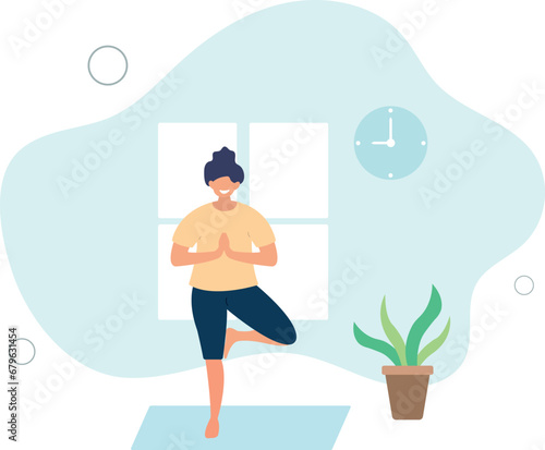 Stay home concept. woman doing exercise.flat vector illustration.