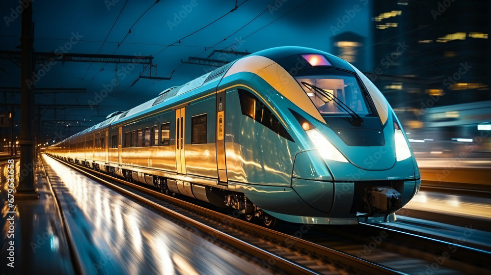 Naklejka premium an ultra-modern passenger train runs on tracks and transports passengers