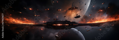 Space war fleet, futuristic, order, formation, hyperrealistic 4K, deep space, cosmic void, galactic dust
