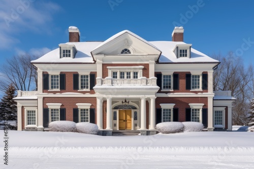 snow-covered georgian mansion with classic pediment