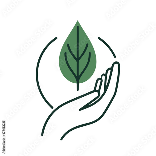 Hand embracing leaf icon isolated. Hand protecting a leaf