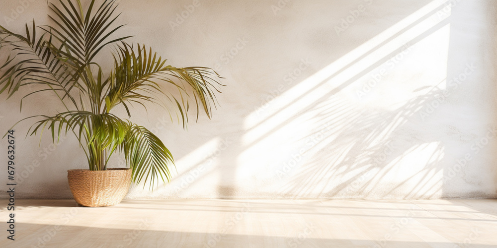 Potted green palm plant in an empty room. Shadow of palm leaves on a white concrete light beige wall. Copy space. Generative AI Potted green palm plant in an empty room. Shadow of palm leaves on a white concrete light beige wall. Copy space. Generative AI