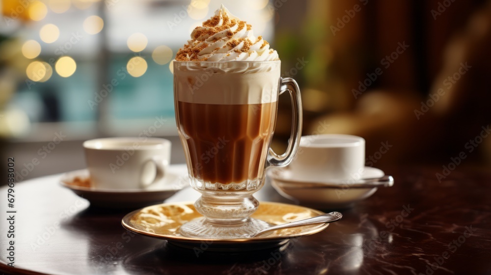 Irish coffee on wooden table, topped with cream, in fine dining restaurant, background, bar, beverage, blur, bokeh, coffee, desk, drink, glass, hot, hot drinks, ireland, irish coffee, light, pub Irish coffee on wooden table, topped with cream, in fine dining restaurant, background, bar, beverage, blur, bokeh, coffee, desk, drink, glass, hot, hot drinks, ireland, irish coffee, light, pub