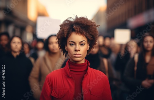 Black woman marching in protest with a group of people. Group of people activists protesting on streets, BLM demonstration concept.