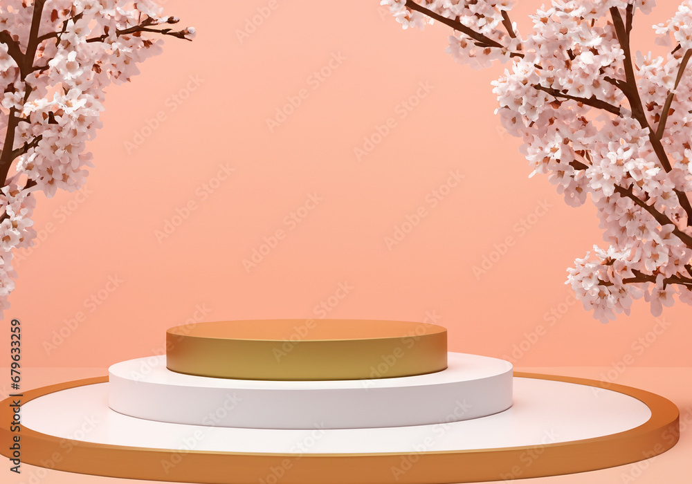 Product display with podium and blossom branches frame Product display with podium and blossom branches frame