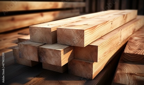 Wood timber construction material. close up. Stack of wooden bars. photo