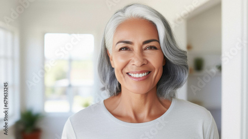 Middle age grey - haired woman smiling confident looking at camera.