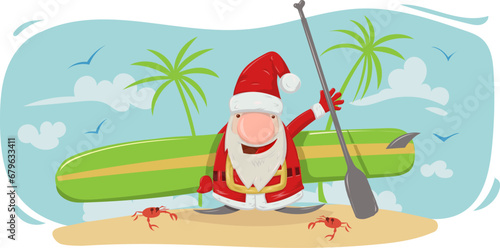 santa claus with stand up paddle cartoon on summer background . vector illustration
