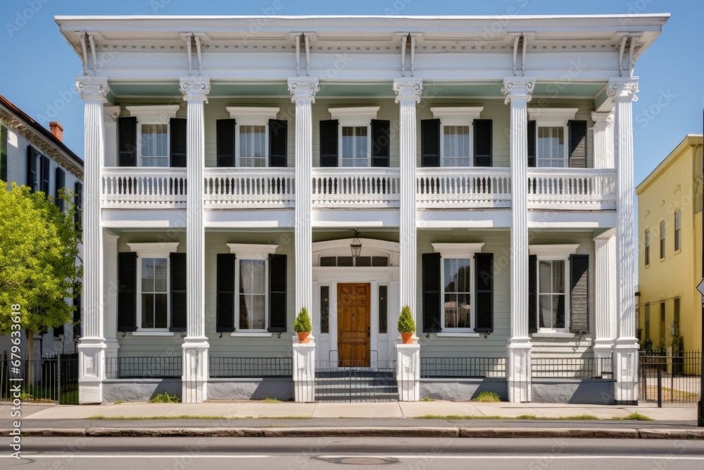 greek revival building with a series of pilasters along the frontage