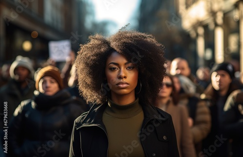 Black woman marching in protest with a group of people. Group of people activists protesting on streets, BLM demonstration concept. © radekcho