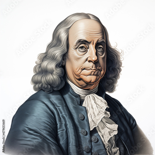Portrait of Benjamin Franklin, the first president of the United States. Finest Color ink art engraving style