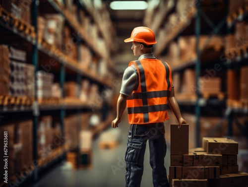 Figure representing a warehouseman in a supply warehouse. Taking package in the shelf in a large warehouse in a large store. © trompinex