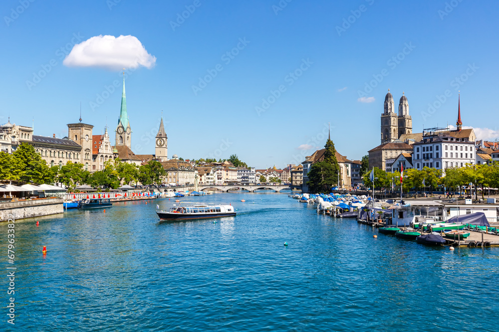 Zurich skyline city at Linth river in Switzerland