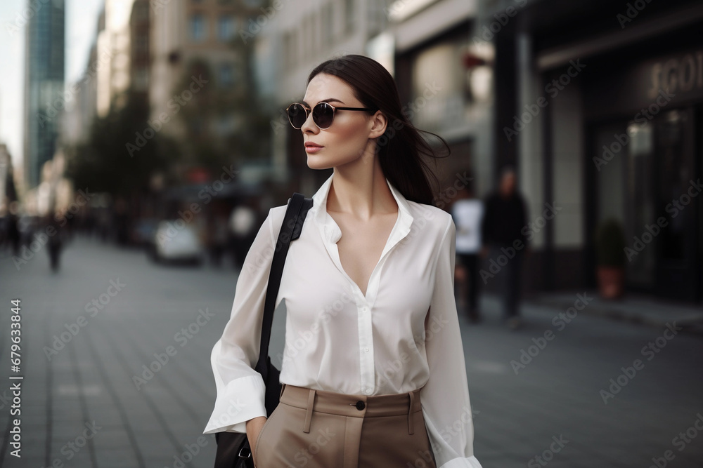 Confident Brunette in Black Glasses, Businesswoman Walking on City Street, Close-up Generative AI.