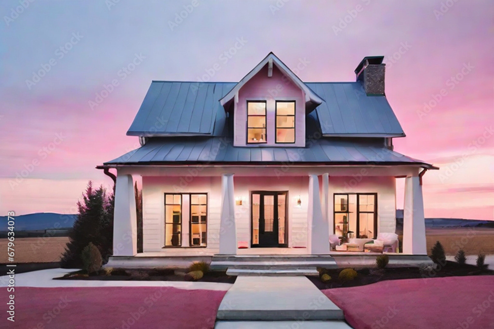 Exterior Modern Farmhouse at Dusk with Pink and Blue Sky ai generative
Exterior Modern Farmhouse at Dusk with Pink and Blue Sky ai generative
