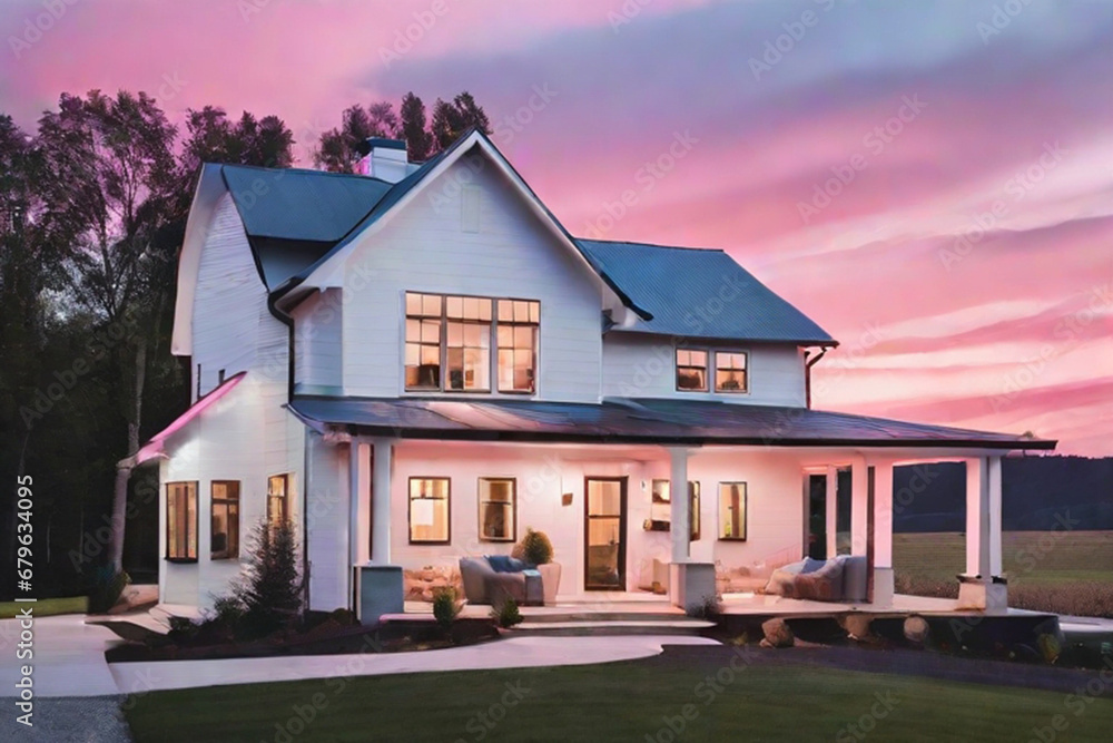 Exterior Modern Farmhouse at Dusk with Pink and Blue Sky ai generative

