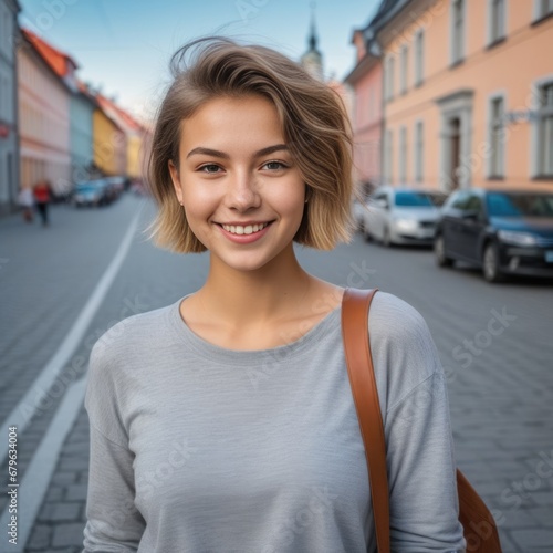 The portrait of a teenage girl with short hair