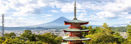 View of mount Fuji with Chureito Pagoda at Arakurayama Sengen Park panorama in Japan photo