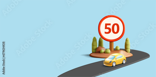 Speed limit signs 50 kilometers maximum. 3D. Road, car, green landscape. The concept of safe traffic, and compliance with traffic rules in populated areas. Modern banner.