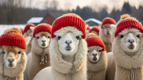 Alpacas on the farm. A herd of alpacas wearing hats in winter. photo