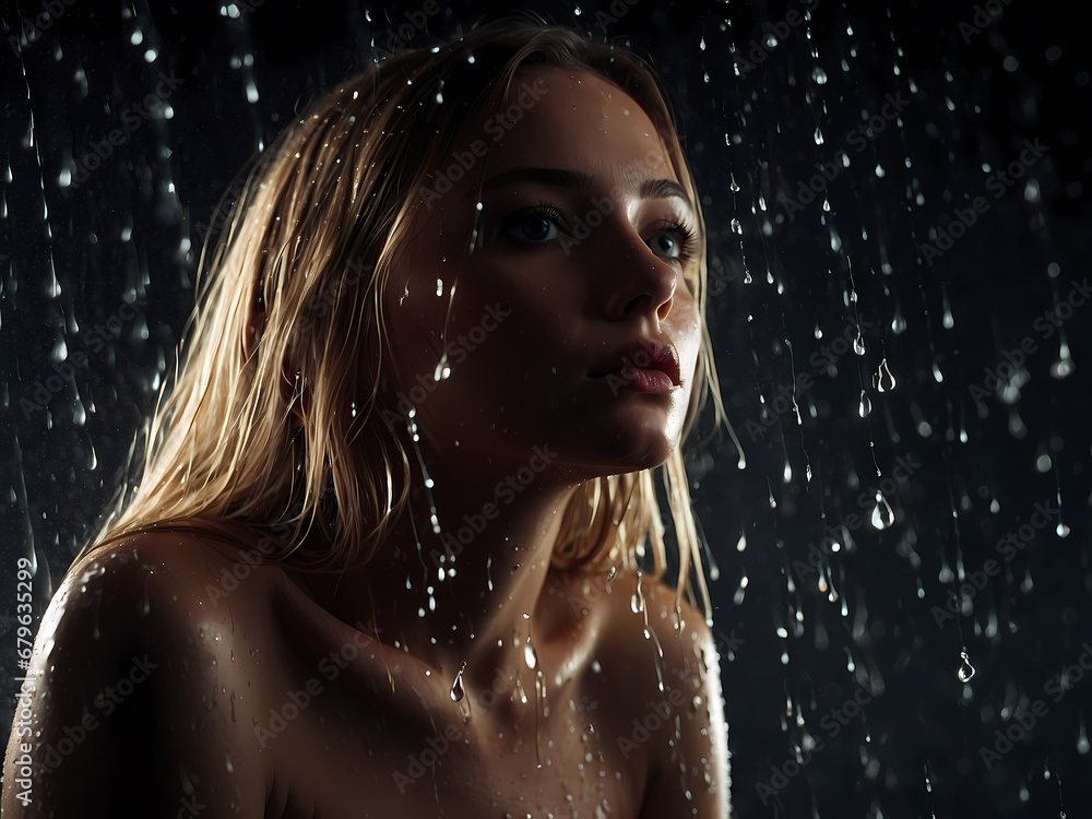 young sexy woman with wet hair sits on knees on ground under raindrops on black background. Woman dressed in white underwear swimsuit. portrait. modelling, people concept