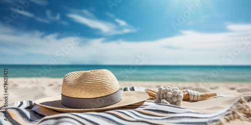 Straw hat on the sandy beach with sea background. Summer holiday concept
