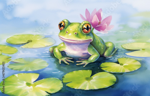 Illustration of frog and lotus flower in water. Watercolor painting © thodonal