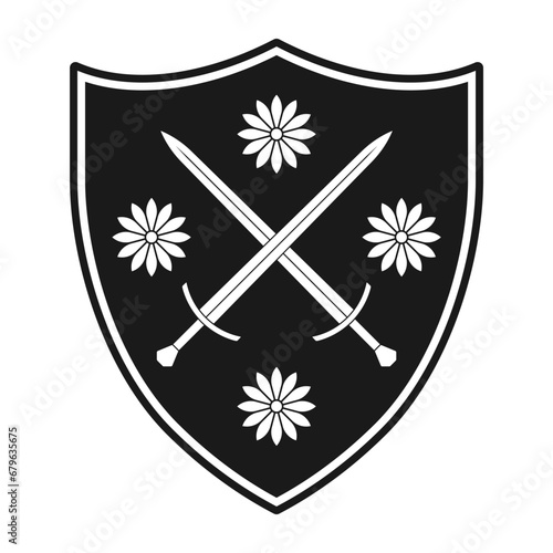 Shield and sword crossed and flowers icon. Coat of arms symbol. heraldry logo sign. Vector illustration image.