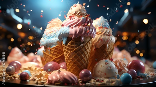 Ice cream in waffle cone with candies and confetti on dark background