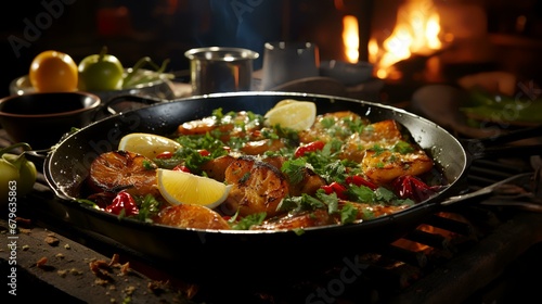 Fish with vegetables in a frying pan on the background on fireplace