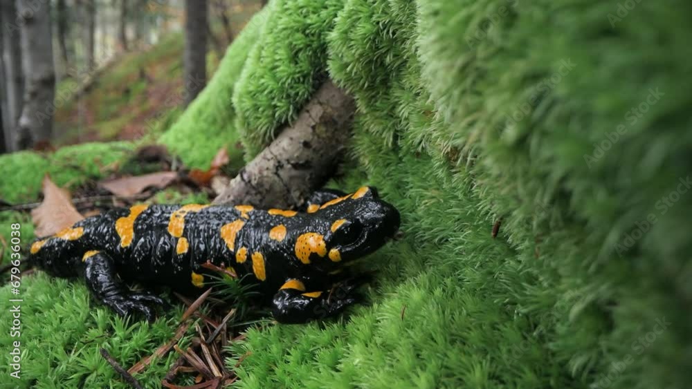 Spotted adult fire salamander on green moss in autumn forest. UHD 4k video Spotted adult fire salamander on green moss in autumn forest. UHD 4k video