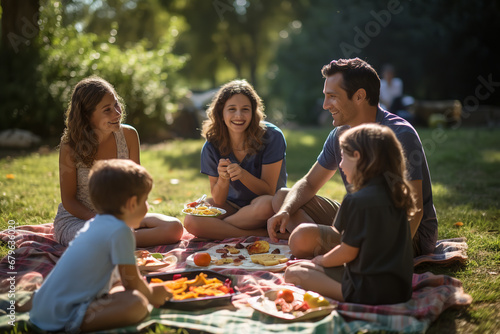 Step-parents and their respective children enjoy a picnic in the park, symbolizing the union of two families into one photo