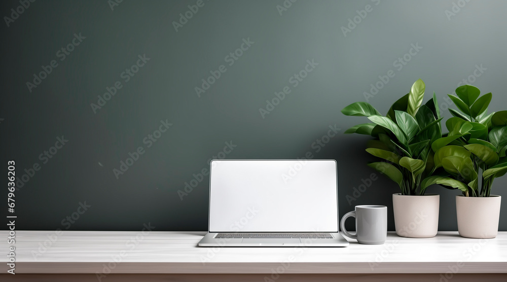 realistic image of desktop with laptop minimalistic style in modern office realistic image of desktop with laptop minimalistic style in modern office