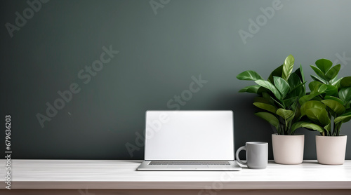 realistic image of desktop with laptop minimalistic style in modern office