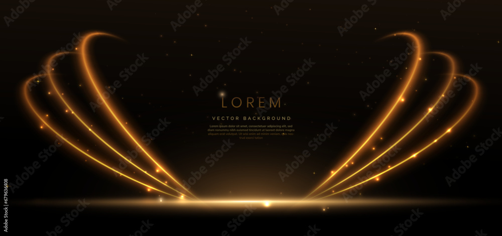 Obraz premium Abstract glowing golden curved lighting effect glitter on black background.