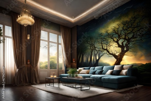 give me the title for the image of interior room decoration with sofa set and cushion placed on the sofa with its back large wall has 3 d design of