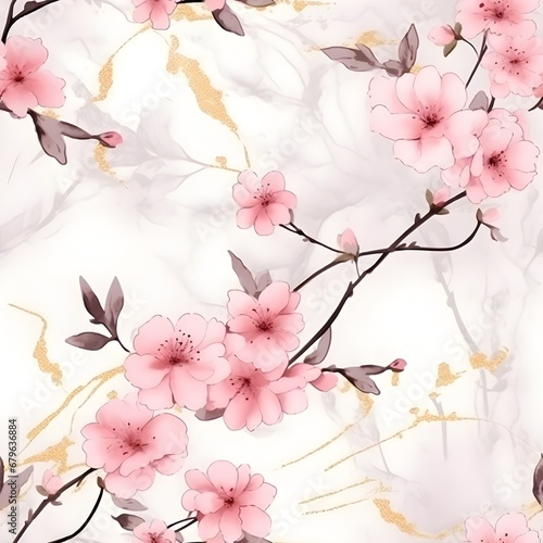 Elegant floral seamless pattern with pink blossoms and golden accents on a white marble texture  sophisticated for luxury designs
