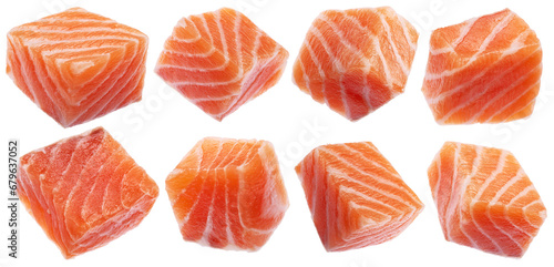 Collection of salmon cubes, cut raw red fish fillet isolated on white background. File contains clipping paths.