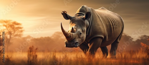 Animal wildlife photography rhino with sunset view background  AI generated image