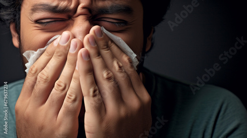 Close-up portrait person caught cold and coughing. Seasonal viral diseases.
