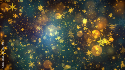 Christmas Theme Background Image, High Quality Gold Snow and Snowflakes Background for Holiday Seasons photo