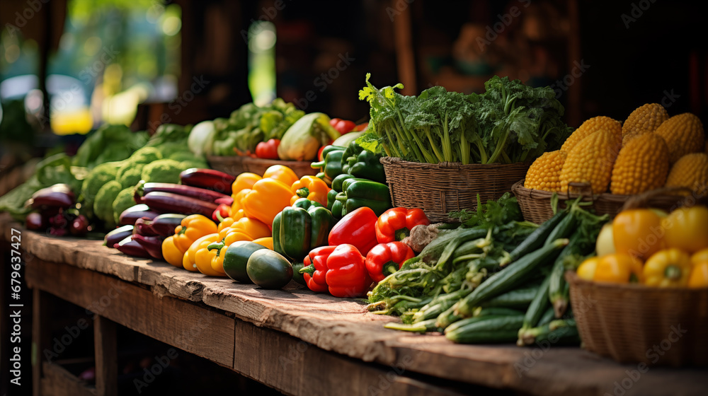 an abundance of fresh vegetables and fruits on market stalls. organic farm products concept an abundance of fresh vegetables and fruits on market stalls. organic farm products concept