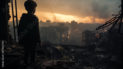 Child looking at destroyed city from inside his destroyed home. war content.