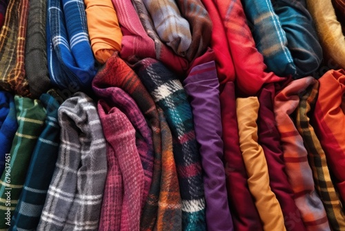 plaid scarves in different hues and patterns spread on the floor