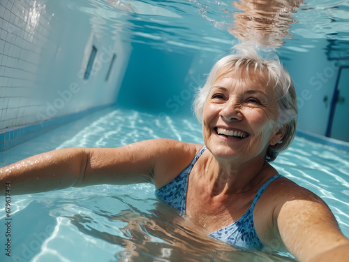 Fototapeta Naklejka Na Ścianę i Meble -  Senior active woman doing sport in the swimming pool with swimming cap and goggles. Healthy lifestyle outdoor under sunlight