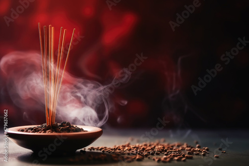 Burning incense sticks in a bowl, aromatherapy photo