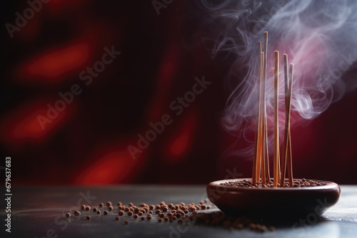 Burning incense sticks in a bowl, aromatherapy