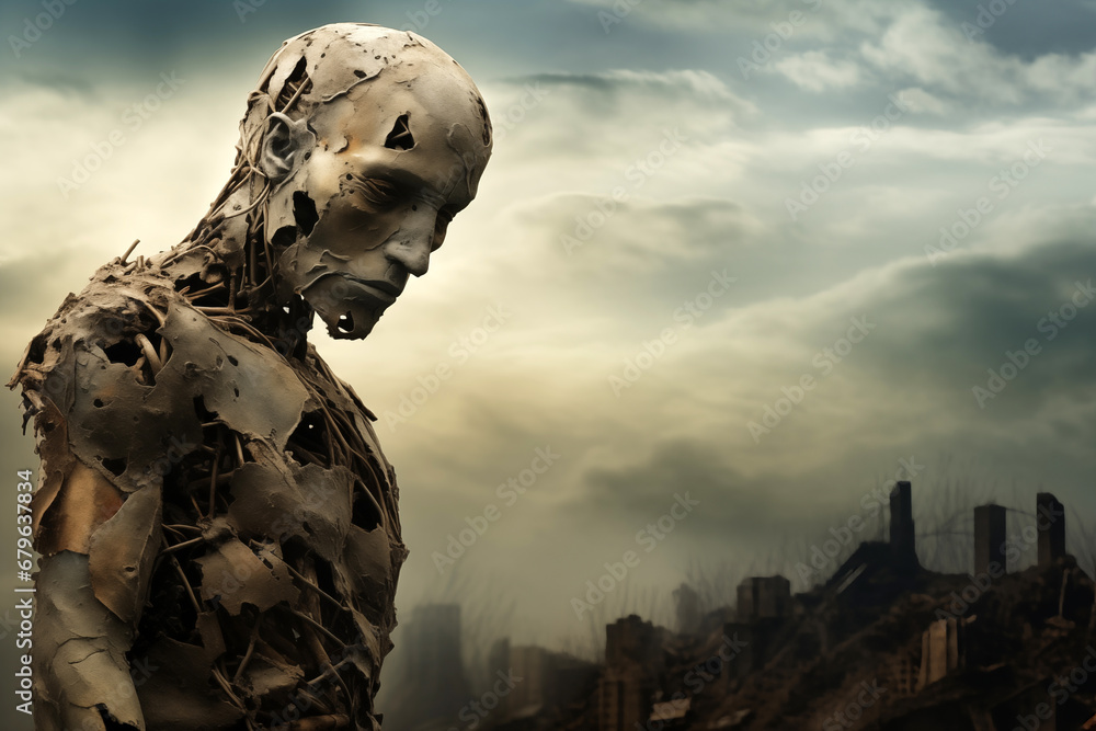 biomechanical disintegrating robot in form of human against the background of post apocalyptic landscape, with destroyed buildings and gloomy environment - obrazy, fototapety, plakaty 